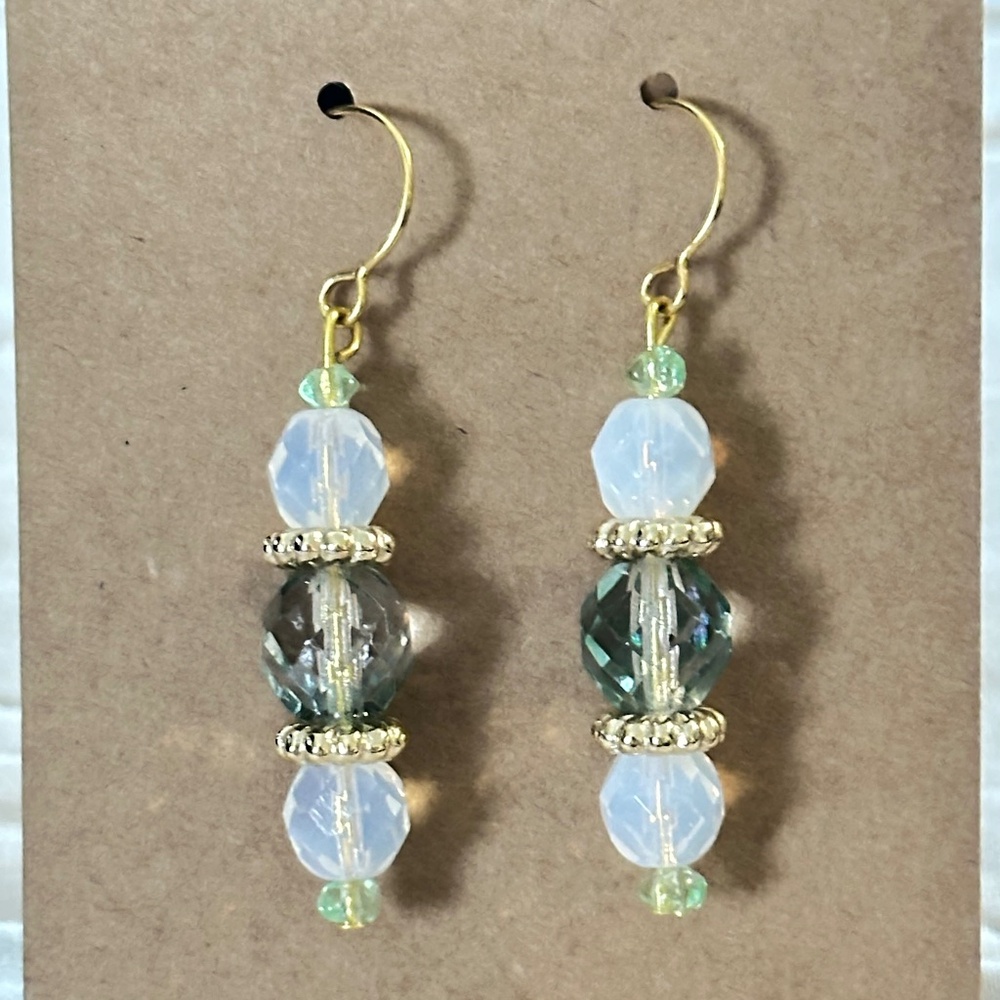 2/$15 Gold Tone Dangle Earrings Green & Moonstone Looking Beads